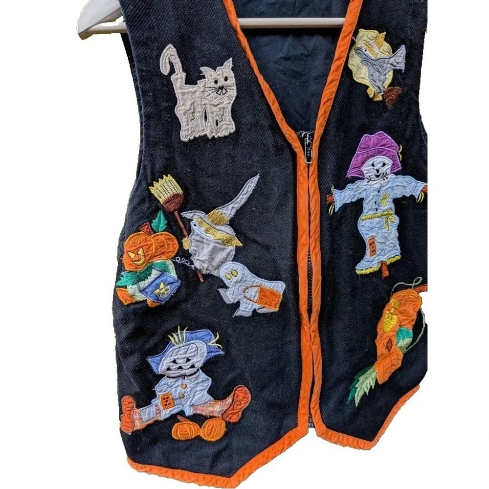 Vintage Gallagher Womens M Halloween Vest Applique Embroidered Cute Pumpkin Cat